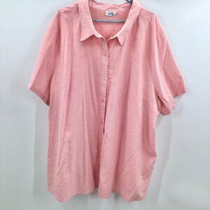 Women's 4X Button Down Shirt Pink Oxford Cotton Blend Short Sleeve Straight Hem